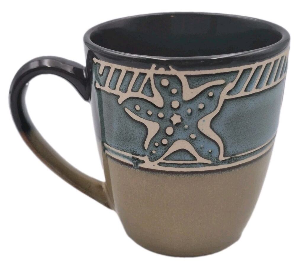 Pfaltzgraff Montego Stoneware Mug Teal Cream 14oz Beach Theme